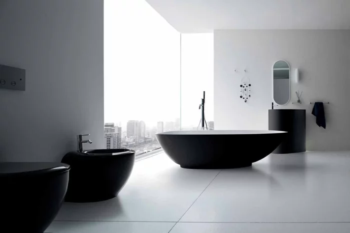 badezimmer gestalten dunkle badmöbel weiße bodenfliesen badspiegel