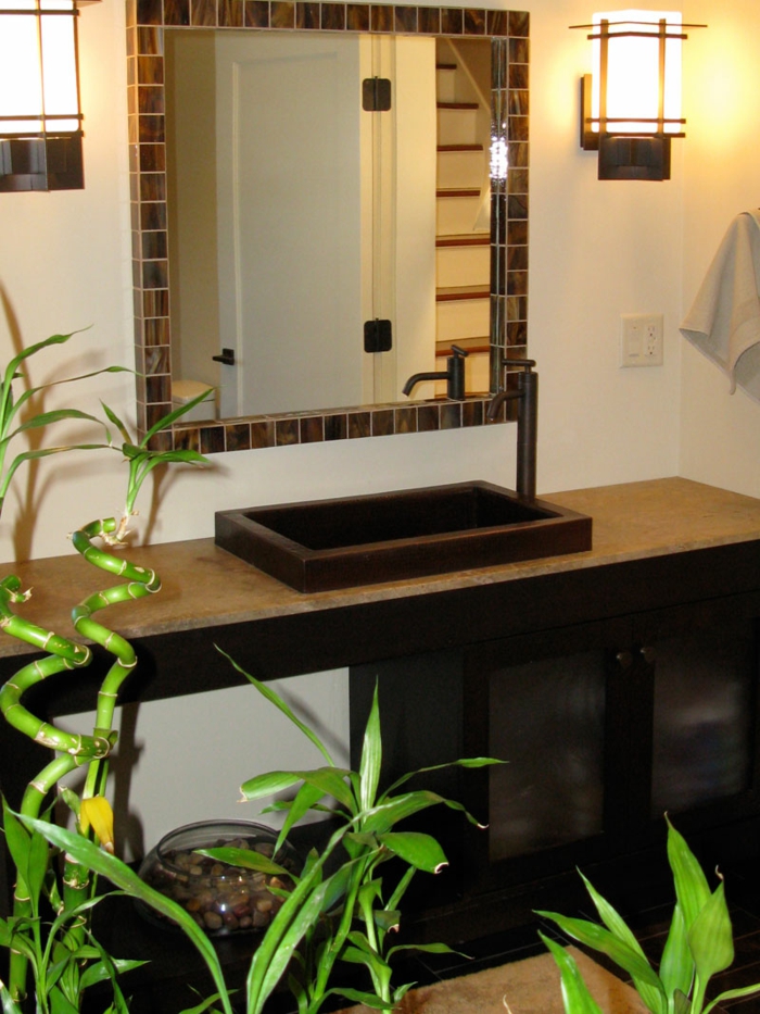 badezimmer gestalten feng shui stil pflanzen badspiegel