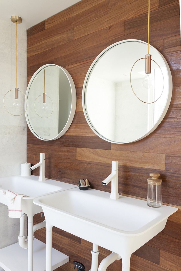 badezimmer gestalten runde badspiegel waschbecken pendelleuchten