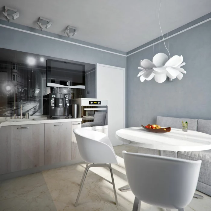 dekoideen beleuchtung küche esszimmer pendelleuchte weiß modernes design floral