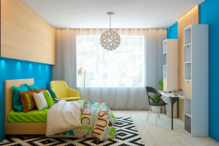 einrichtungsideen schlafzimmer gestalten blau gelb teppich luftige gardinen