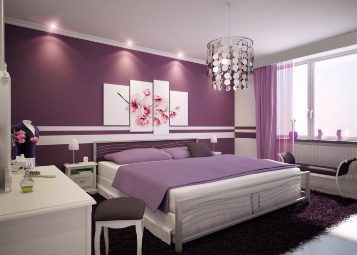 einrichtungsideen schlafzimmer gestalten lila wandfarbe weiße möbel