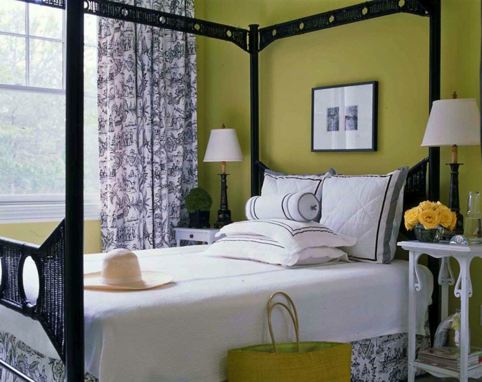 einrichtungsideen schlafzimmer wandgestaltung grüne wandfarbe gardinen