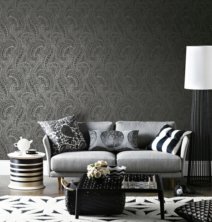 einrichtungsideen wohnzimmer graues interieur elegante dekokissen teppich blumen