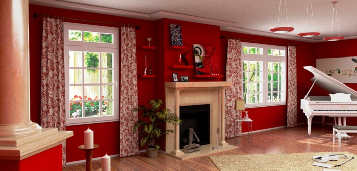 einrichtungsideen wohnzimmer rote wandfarbe klavier pflanze frische gardinen
