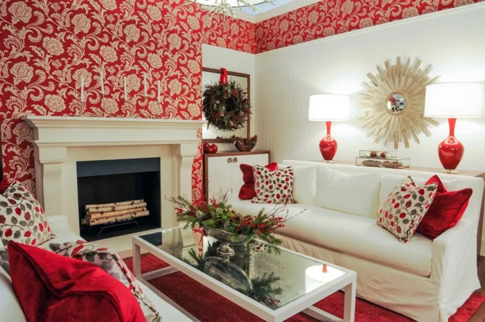 einrichtungsideen wohnzimmer wandgestaltung ideen wandtapete rot floral roter teppich
