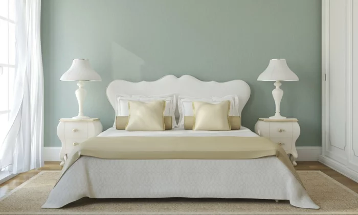 farbgestaltung schlafzimmer wanddeko seladongrün weißes kopfteil klassisch