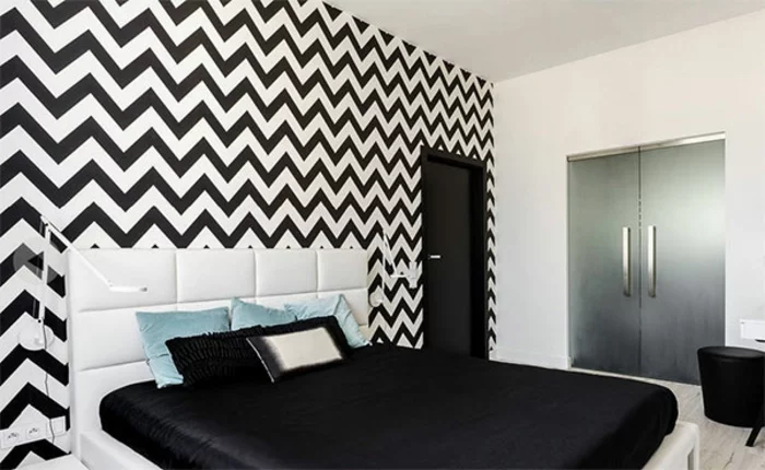 farbgestaltung schlafzimmer wandfarbe schwarz weiß chevron muster wanddekoration