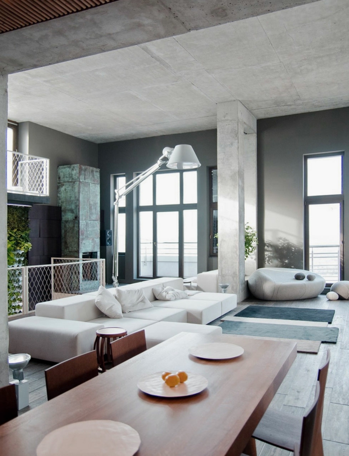 wohnzimmer ideen graue wände elegante weiße möbel offener wohnplan