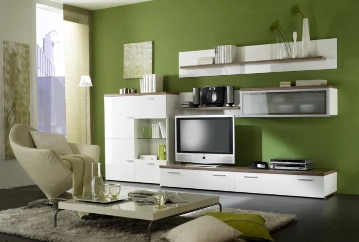 farbgestaltung wohnzimmer grüne akzentwand wohnwand