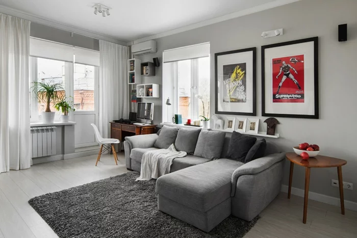 farbgestaltung wohnzimmer hellgraue wandfarbe graue möbel grauer teppich