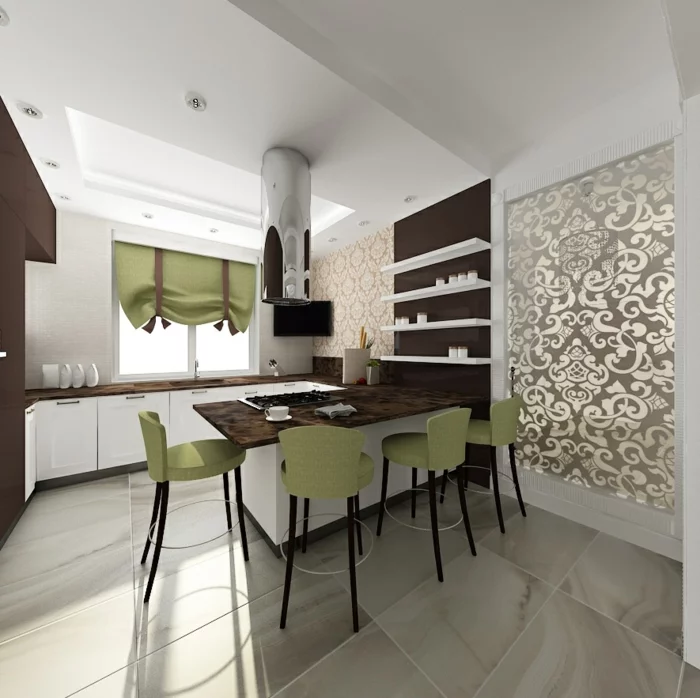 haus renovieren küchendesign ideen kleine küche grüne akzente offene regale essbereich