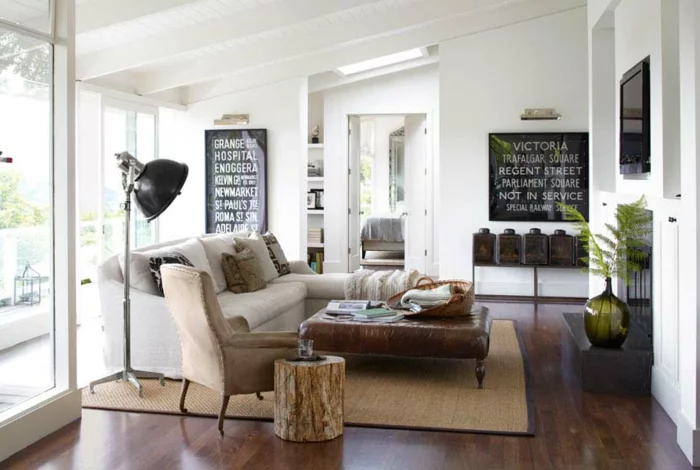 landhausstil wohnzimmer vintage elemente sisalteppich weiße wände