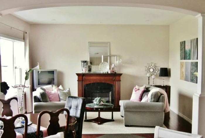 landhausstil wohnzimmer vintage elemente pastellrosa akzente
