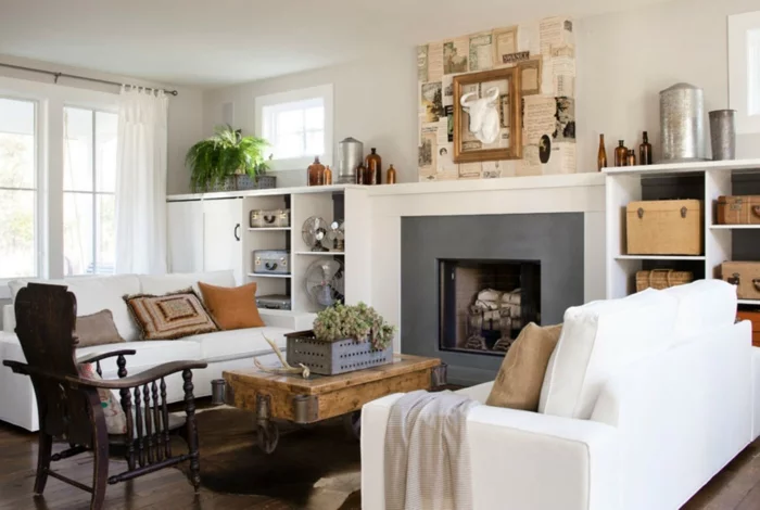 landhausstil wohnzimmer weiß rustikale akzente kamin