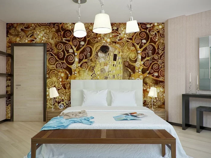schlafzimmer idee wandtapete klimt kuss gold wandgestaltung wanddekoration