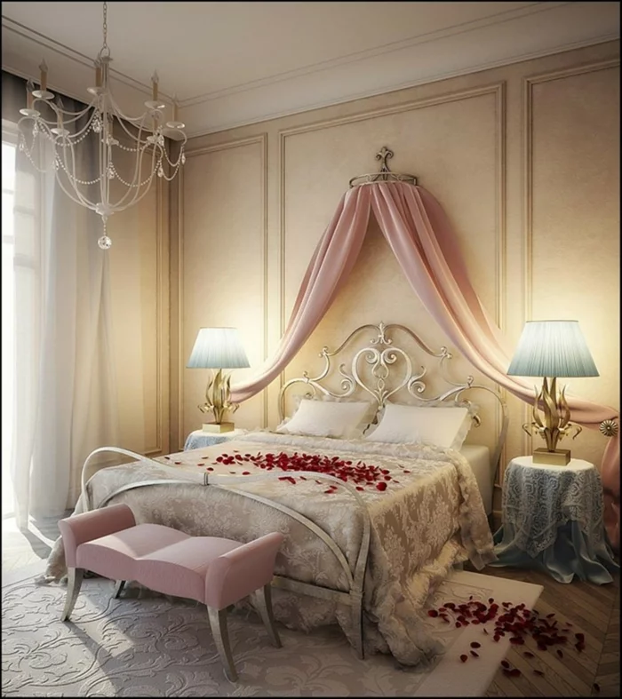 schlafzimmer ideen baldachin betthimmel rosa metallbett silber kristallkronleuchter romantisch