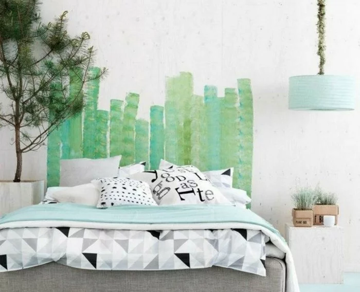 schlafzimmer ideen diy kopfteil wanddekoration grüne farbe kräuter kiefer