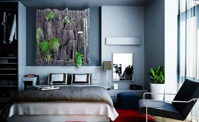 schlafzimmer ideen graue wandfarbe vertikaler garten holz zimmerpflanzen wandgestaltung