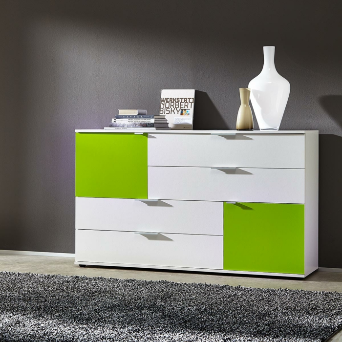 sideboard dekorieren minimalistisches design weiß neongrün vasen bücher