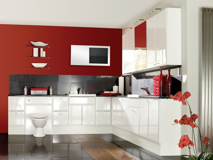 wände streichen ideen rote akzentwand  weiße küchenschränke