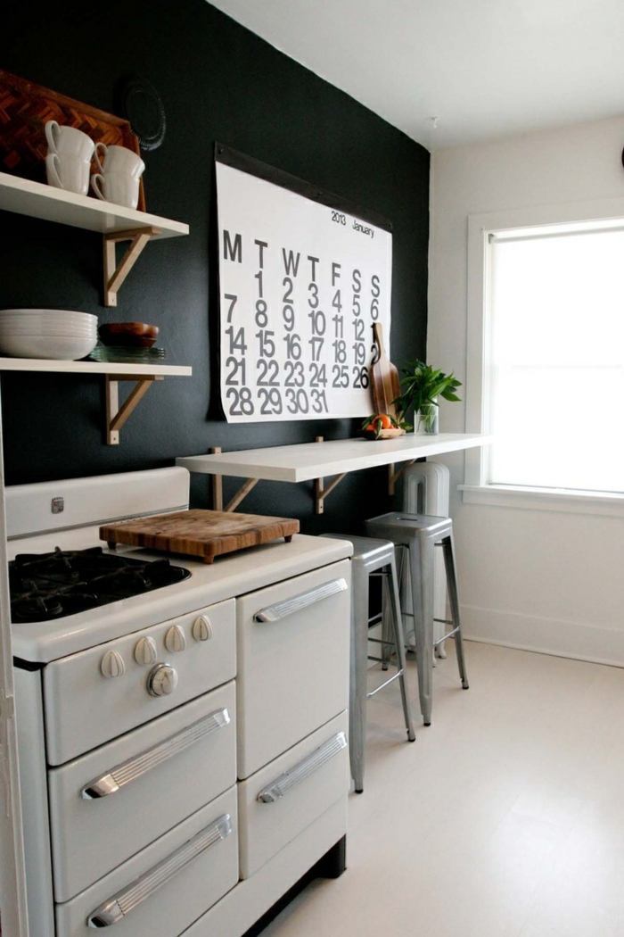 wanfarben ideen schwarze wände küche heller boden pflanze
