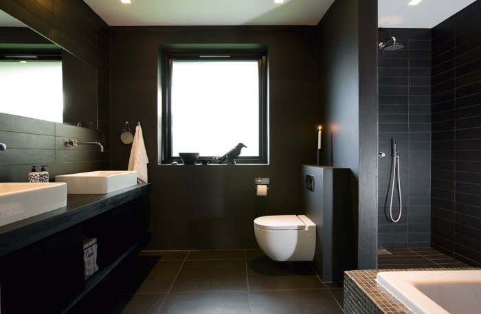 wanfarben ideen wohnideen badezimmer wandgestaltung schwarze wände große bodenfliesen