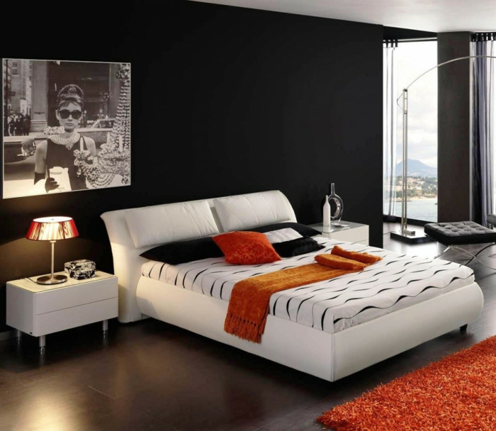 wanfarben ideen wohnideen schlafzimmer dunkle wände oranger teppich
