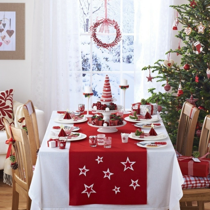 weihnachtliche Tischdeko Ideen festliche Tischdekoration roter Tischläufer