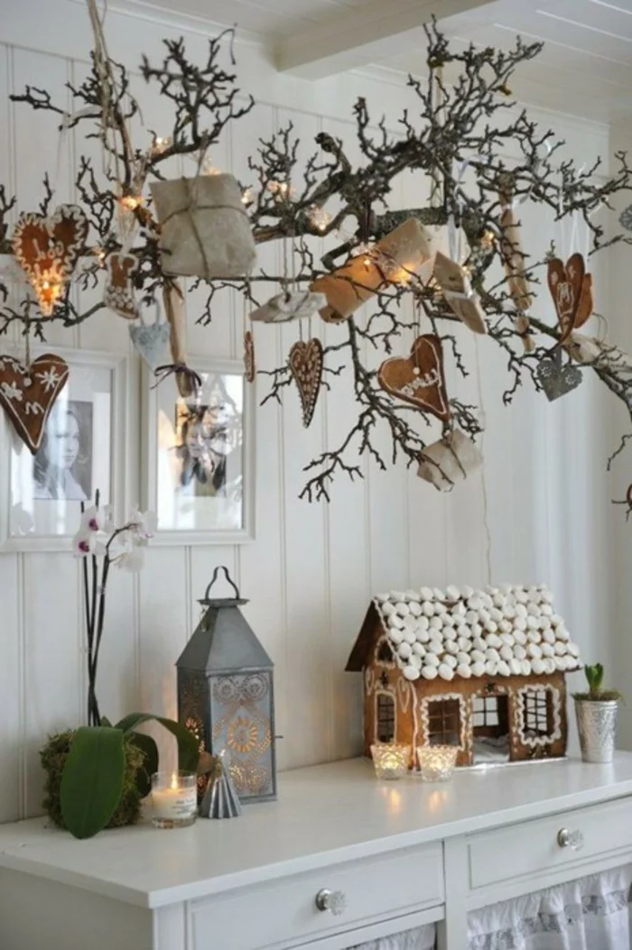 weihnachtsdeko ideen skandinavisch baumzweige licht rustikal gemütlich