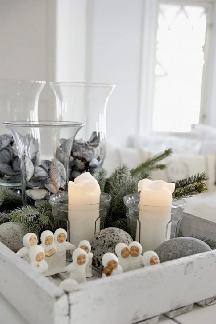weihnachtsschmuck skandinavischer stil kerzen steine rustikal
