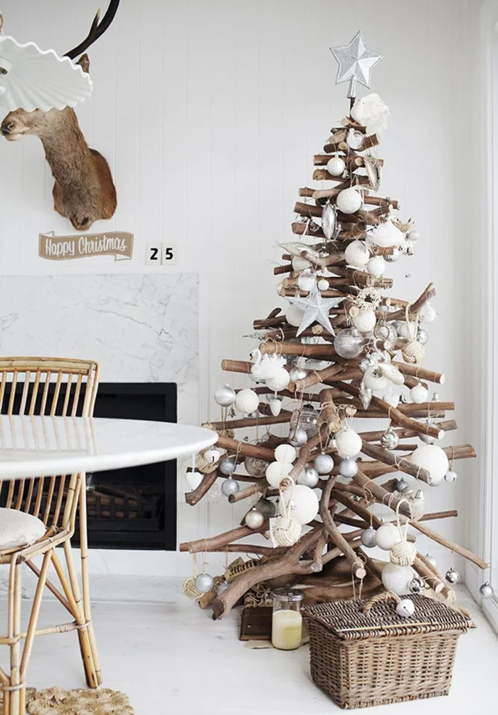 weihnachtsschmuck skandinavischer stil rustikal weihnachtsbaum kamin accessoires