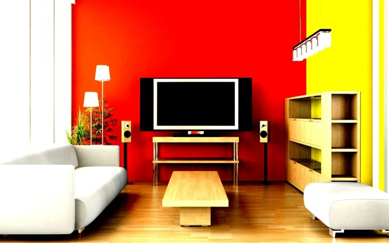 wohnzimmer wandfarbe rot sonnengelb warme wandfarben kombinieren
