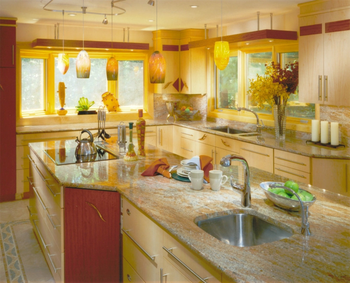 wandfarbe küche wände streichen ideen küche gelbe wände pendelleuchten küchenbeleuchtung