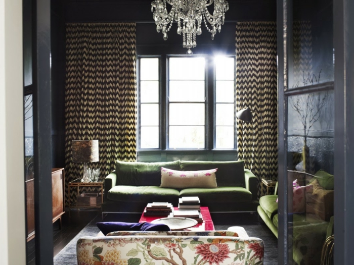 wände streichen ideen wohnzimmer gestalten gardinen grüne möbel blumenmuster