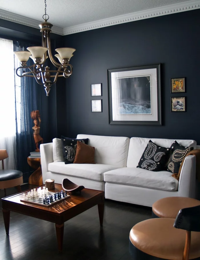 wände streichen ideen wohnzimmer weißes sofa schwarze akzentwand