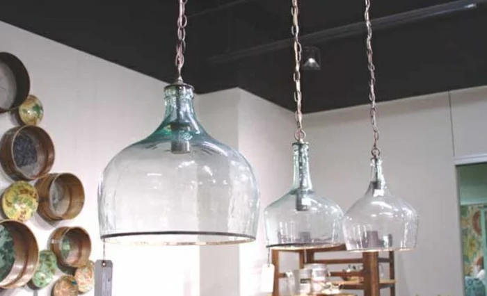 upcycling ideen kuechenutensilien aus alt macht neu coole Bastelideen DIY bastelideen alte küchenkrams glasflaschen gro lampenschirm