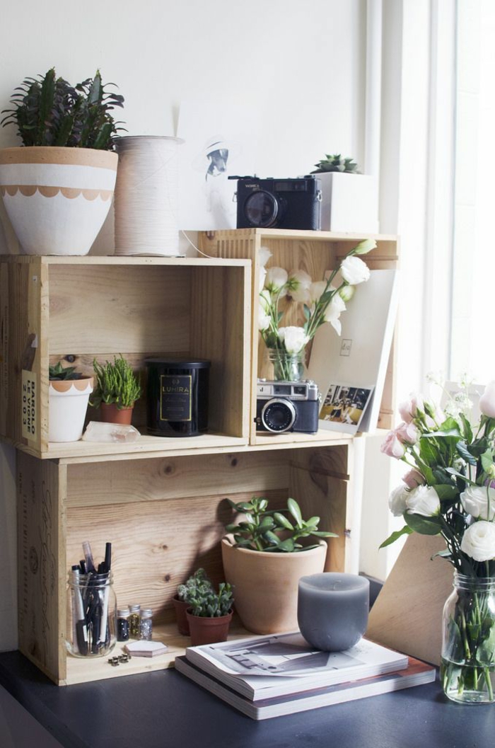 DIY Schreibtisch selber bauen Hozlkisten Regal Zimmerpflanzen