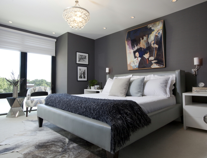 Schlafzimmergestaltung Ideen Wandfarbe grau Wandgemälde