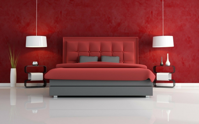 Schlafzimmergestaltung Ideen Wandfarbe rot Hängeleuchten