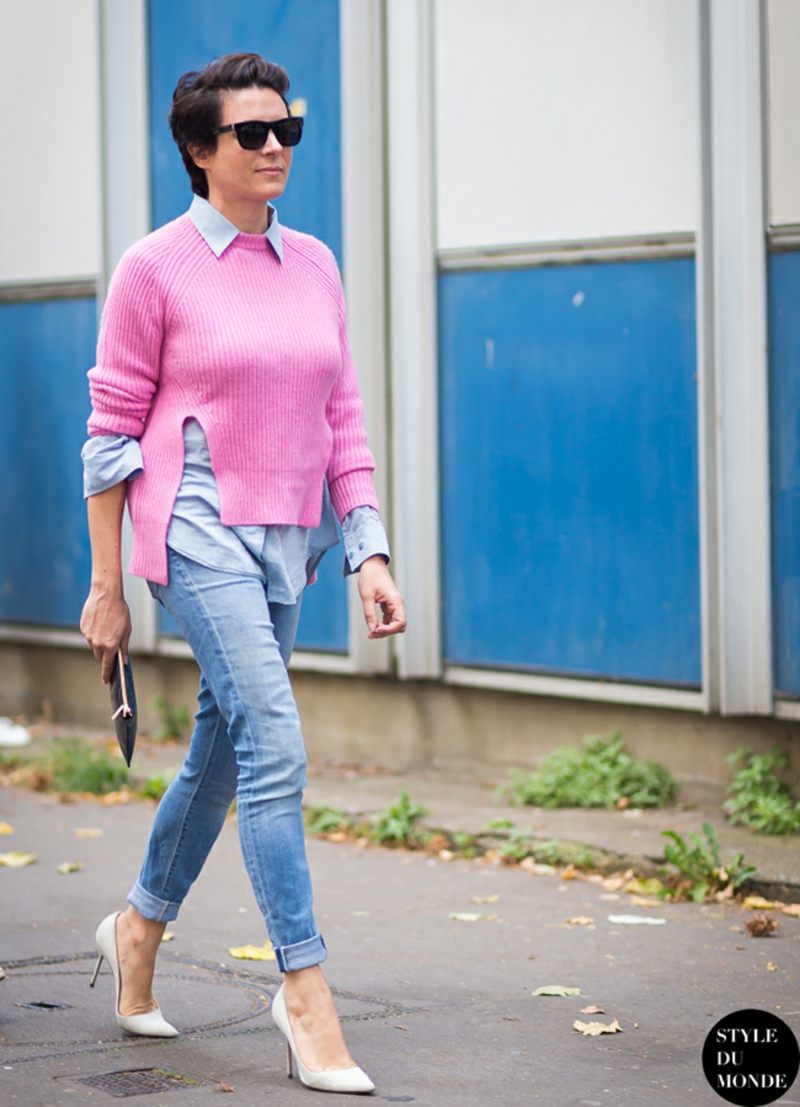 Damenpulli in Pink mit wießem Hemd Wintermode Sweatshirt Damen pink Hemd