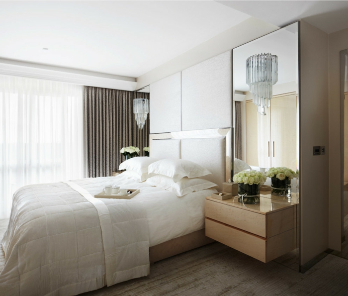 gardinen blickdicht wohnideen schlafzimmer funktionale möbel spiegel bettkopfteil