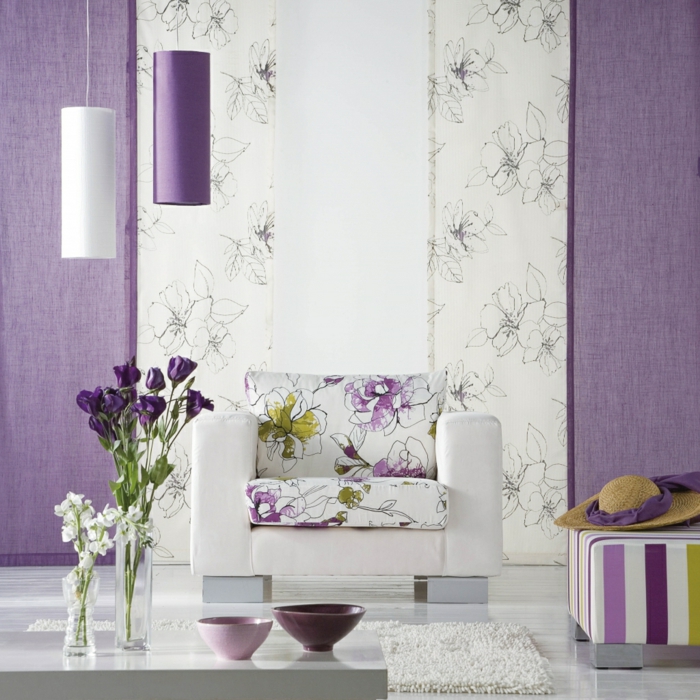 gardinenstoffe vorhangstoffe gardinen lila florale ornamente naturfaser sessel sofa