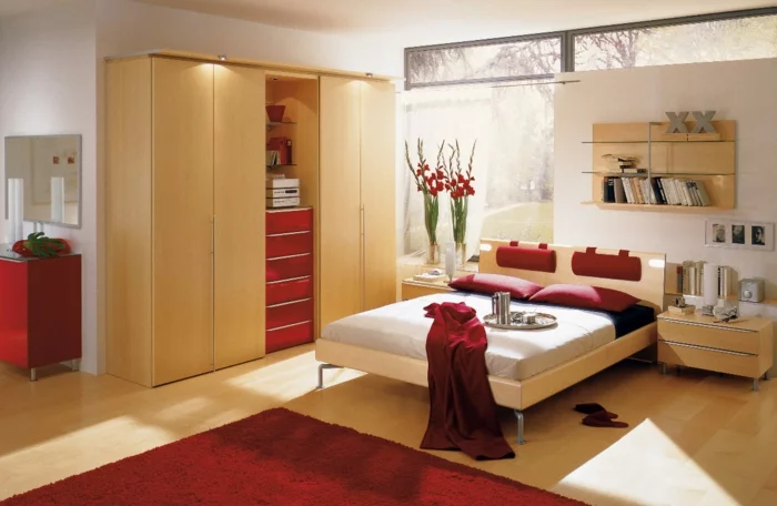 kleiderschrank beleuchtung wohnideen schlafzimmer rote akzente roter teppich