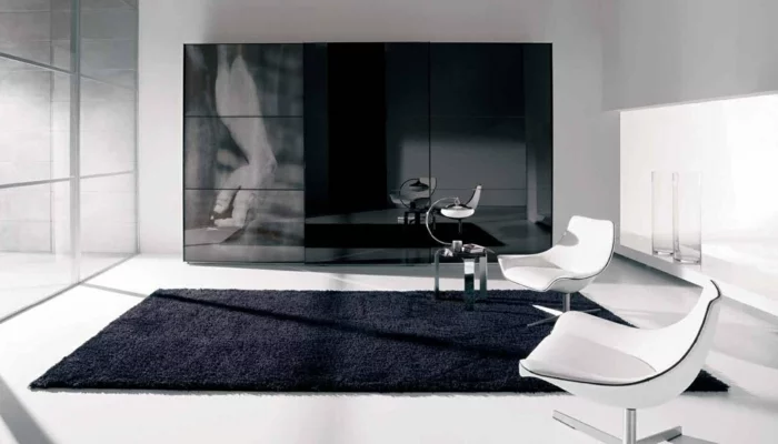 kleiderschrank schwarz schwarzer teppich modernes schlafzimmer