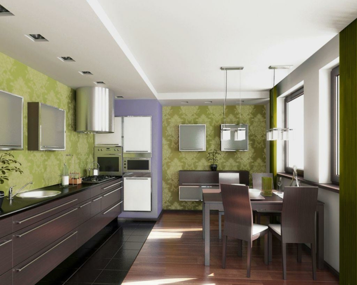 kleine küchen einrichten grüne wände deckenbeleuchtung