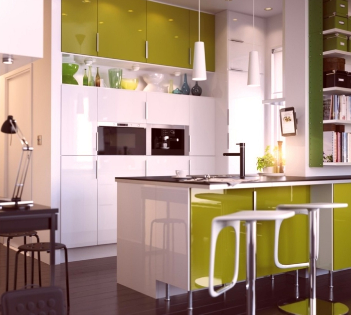 küchendesign kleine küche einrichten kücheninsel grüne akzente modern funktional