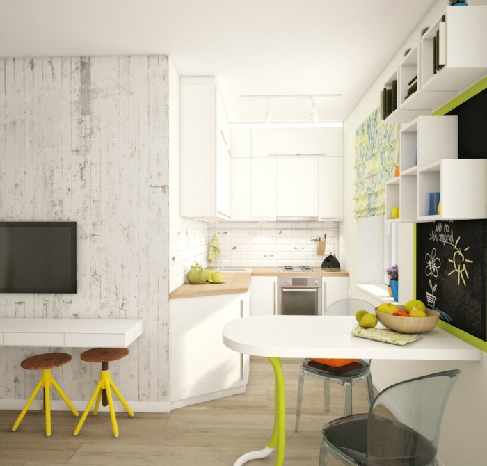 kleine küchen einrichten weiße wandfarbe farbige akzente
