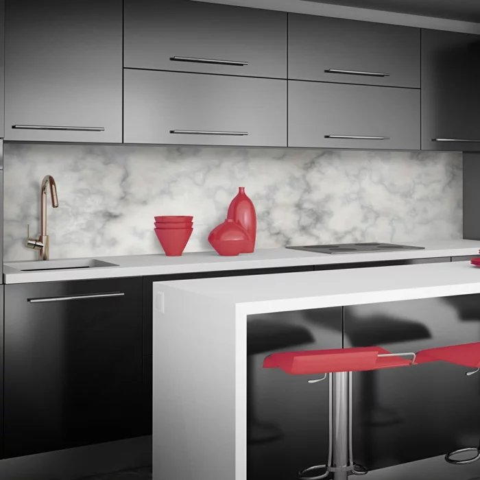 wandpaneele küche rote akzente graue kücheneinrichtung