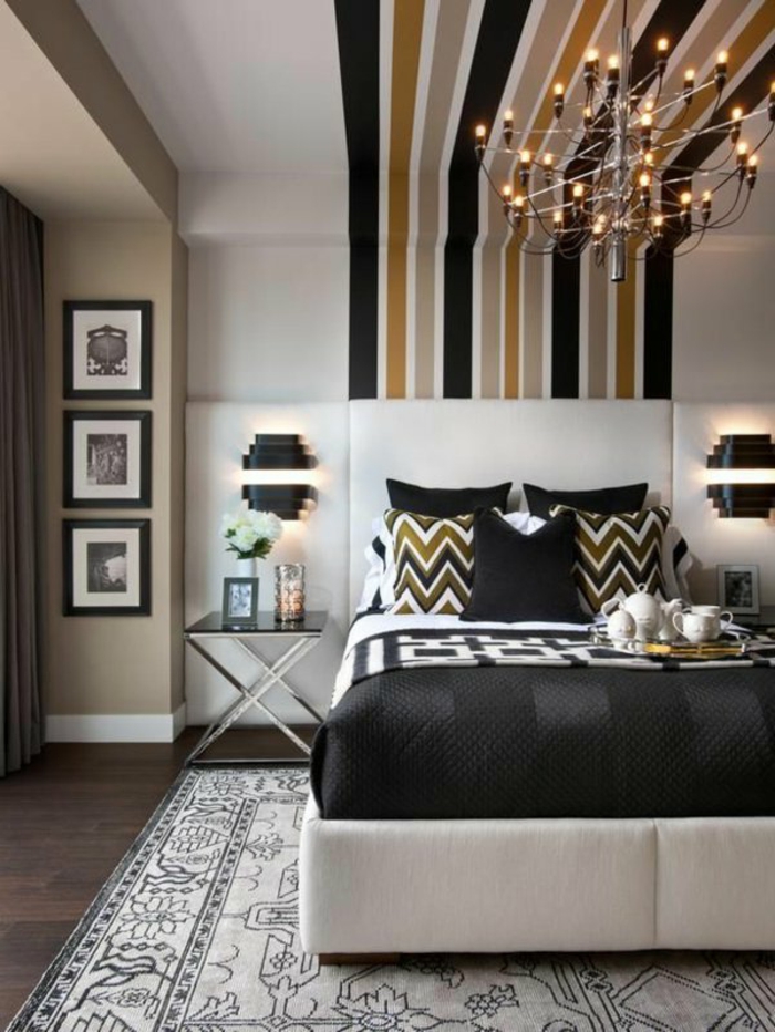 schlafzimmergestaltung bett schwarz weiß teppich deckenfarbe muster